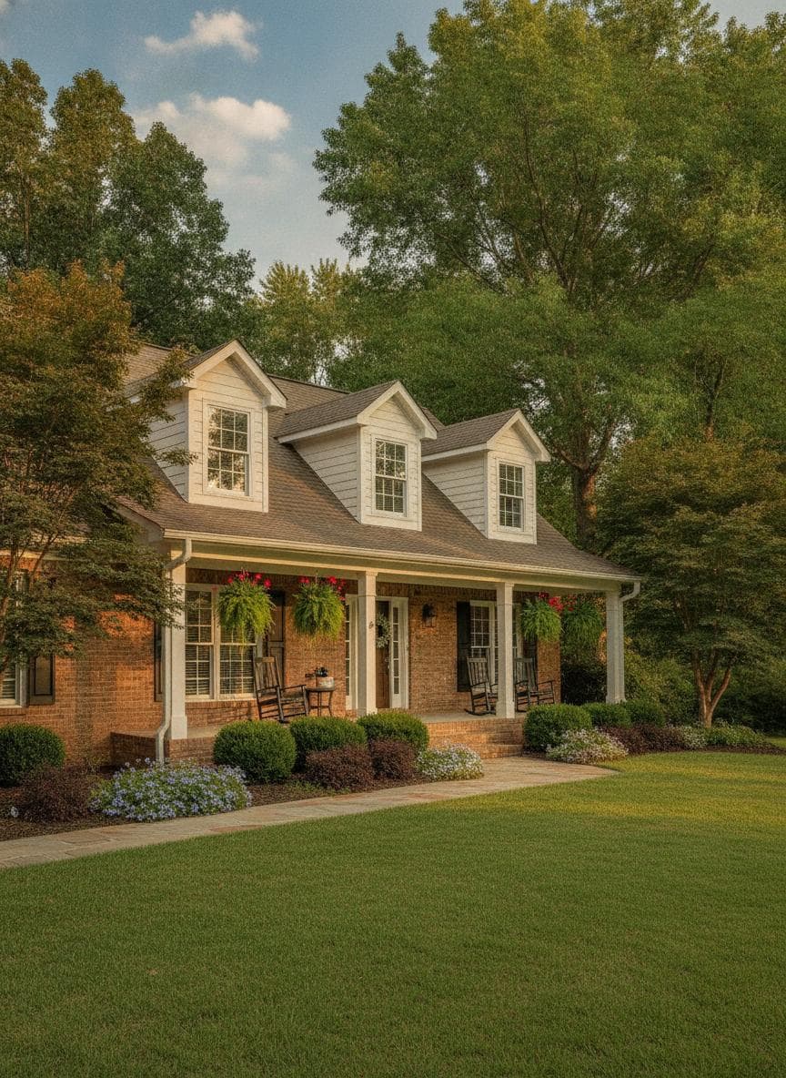 A brick home with a covered front porch and a green lawn